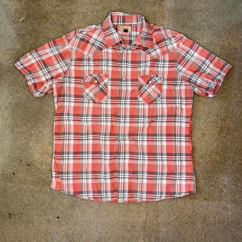 sonoma plaid pearl snap short sleeve button up red western shirt